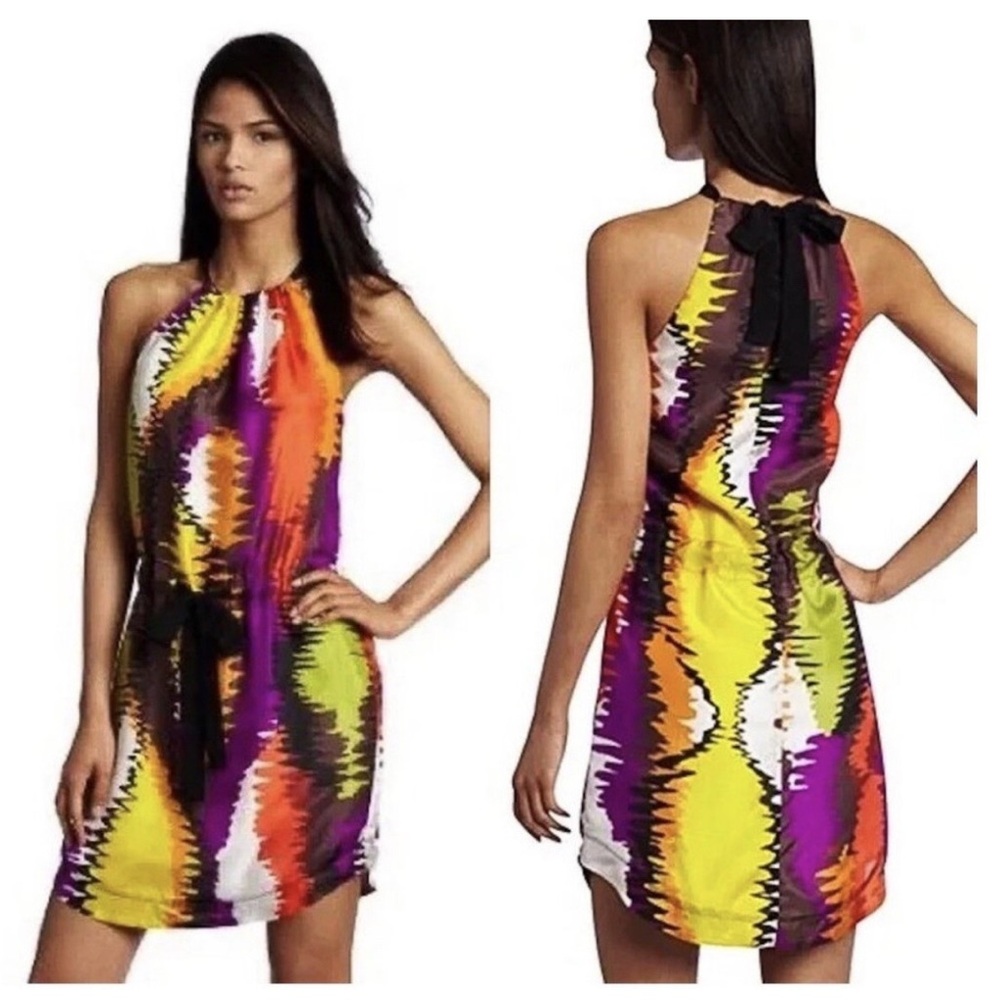 Trina Turk Yellow and Purple Sheath 100% silk halter dress